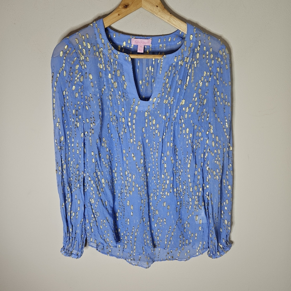 Lilly Pulitzer Silk Colby Top Blouse Light Blue Gold Women's XS